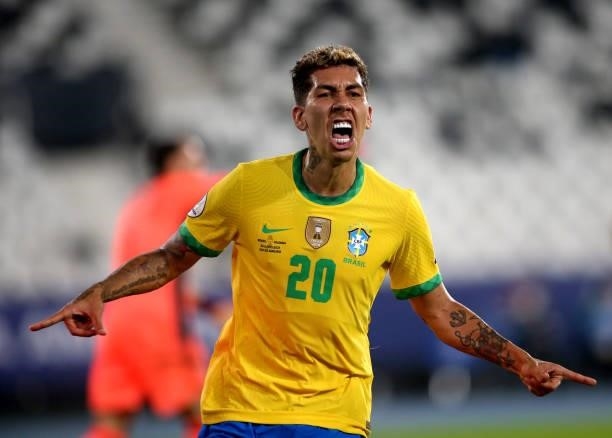 Roberto Firmino of Brazil celebrates after scoring a goal during the match between Brazil and Colombia as part of Conmebol Copa America Brazil 2021...