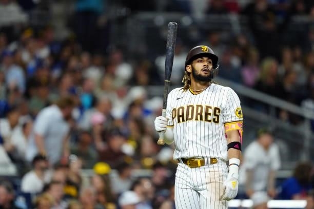 Fernando Tatis Jr. #23 of the San Diego Padres waits to bat during the game between the Los Angeles Dodgers and the San Diego Padres at Petco Park on...