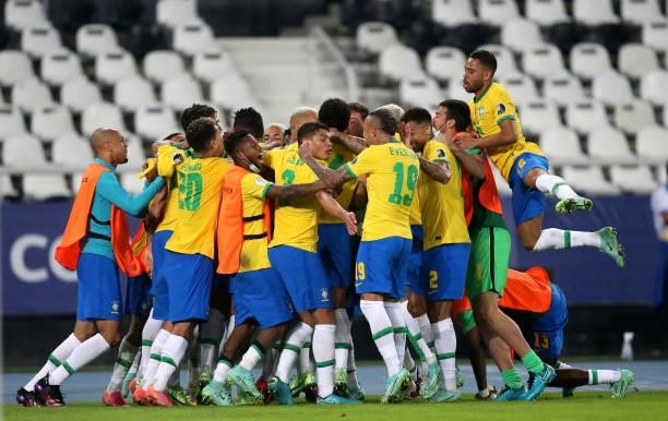 Casemiro of Brazil celebrates with his teammates after scoring a goal during the match between Brazil and Colombia as part of Conmebol Copa America...