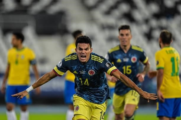 Luis Diaz Colombia player celebrates his goal during the Group B match between Brazil and Colombia as part of Copa America Brazil 2021 at Estadio...