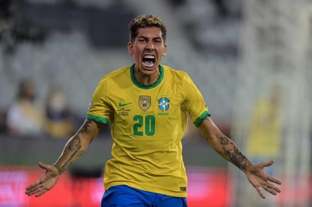 Roberto Firmino Brazil player celebrates his goal during the Group B match between Brazil and Colombia as part of Copa America Brazil 2021 at Estadio...