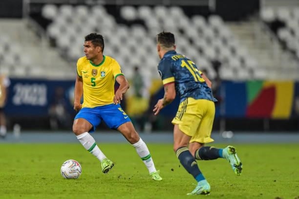 Casimiro player from Brazil disputes a bid with BarUriberios player from Colombia during the Group B match between Brazil and Colombia as part of...