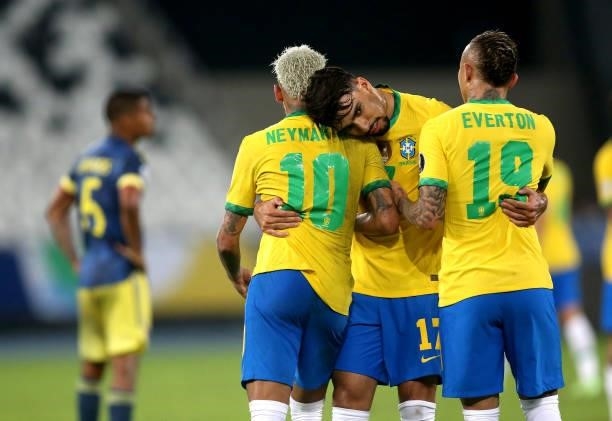 Neymar Jr of Brazil celebrates with teammates Lucas Paqueta and Everton Cebolinha during the match between Brazil and Colombia as part of Conmebol...