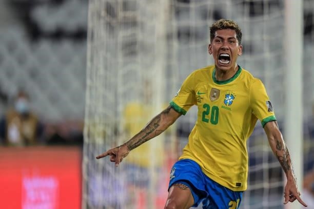 Roberto Firmino Brazil player celebrates his goal during the Group B match between Brazil and Colombia as part of Copa America Brazil 2021 at Estadio...