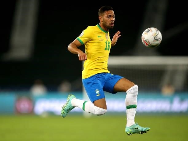 Renan Lodi of Brazil in action during the match between Brazil and Colombia as part of Conmebol Copa America Brazil 2021 at Estadio Olímpico Nilton...