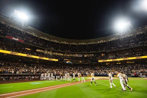 The San Diego Padres celebrate after defeating the Los Angeles Dodgers on June 23, 2021 at Petco Park in San Diego, California.