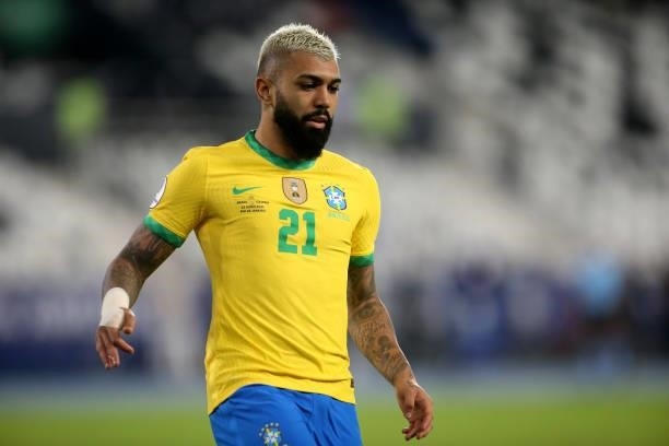 Gabriel Barbosa of Brazil looks on during the match between Brazil and Colombia as part of Conmebol Copa America Brazil 2021 at Estadio Olímpico...