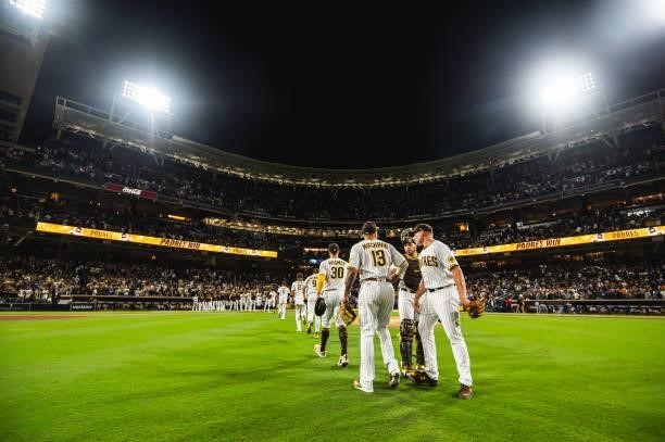 The San Diego Padres celebrate after defeating the Los Angeles Dodgers on June 23, 2021 at Petco Park in San Diego, California.