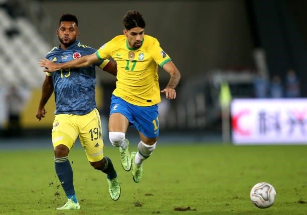 Lucas Paqueta of Brazil competes for the ball with Miguel Borja of Colombia during the match between Brazil and Colombia as part of Conmebol Copa...