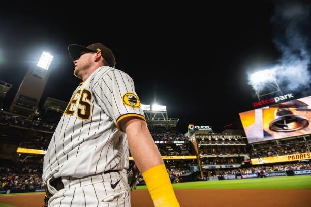 Jake Cronenworth of the San Diego Padres celebrates after the final out against the Los Angeles Dodgers on June 23, 2021 at Petco Park in San Diego,...