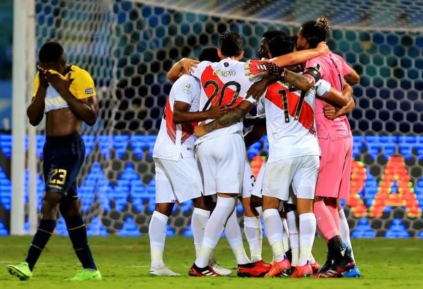 Players of Peru celebrates ,during the match between Colombia and Peru as part of Conmebol Copa America Brazil 2021 at Estadio Olimpico on June 23,...