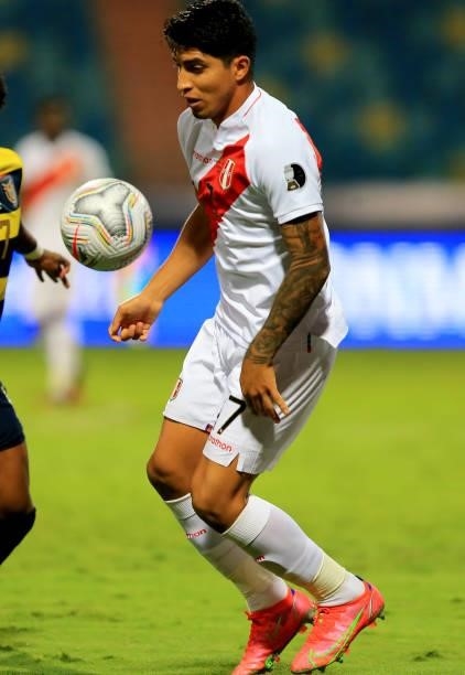 Martin Tavara of Peru in action , during the match between Colombia and Peru as part of Conmebol Copa America Brazil 2021 at Estadio Olimpico on June...
