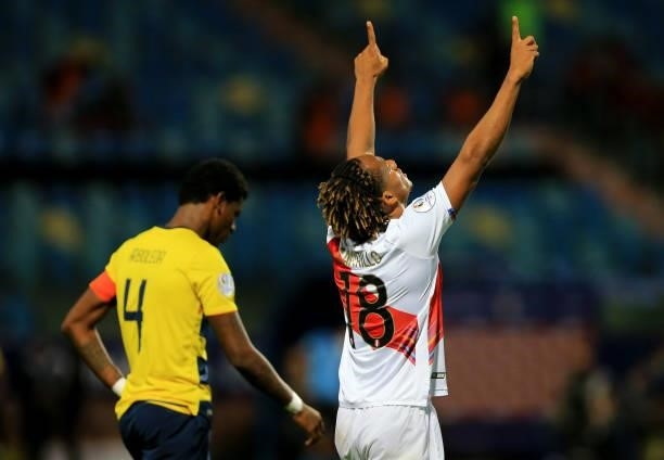Andre Carrillo of Peru celebrates after scores his gol ,during the match between Colombia and Peru as part of Conmebol Copa America Brazil 2021 at...