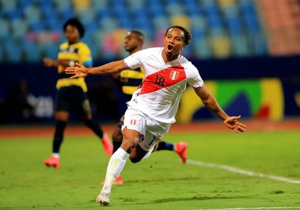 Andre Carrillo of Peru celebrates after scoring his goal during the match between Colombia and Peru as part of Conmebol Copa America Brazil 2021 at...