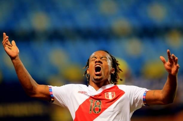 Andre Carrillo of Peru celebrates after scoring his goal during the match between Colombia and Peru as part of Conmebol Copa America Brazil 2021 at...