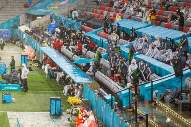 Heavy rain is seen during the UEFA Euro 2020 Championship Group F match between Hungary and Germany at Football Arena Munich on June 23, 2021 in...