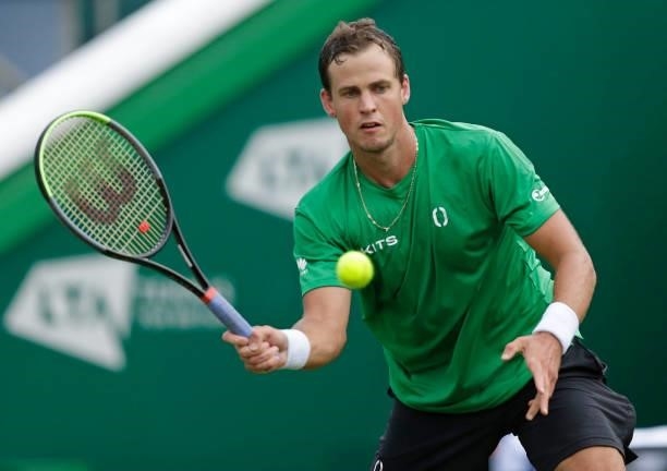 Vasek Pospisil of Canada in action during his mens singles quarter final match against Alex De Mianur of Australia during day 6 of the Viking...