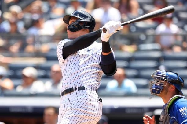 Aaron Judge of the New York Yankees hits a home run against the Kansas City Royals during the first inning of a game at Yankee Stadium on June 24,...