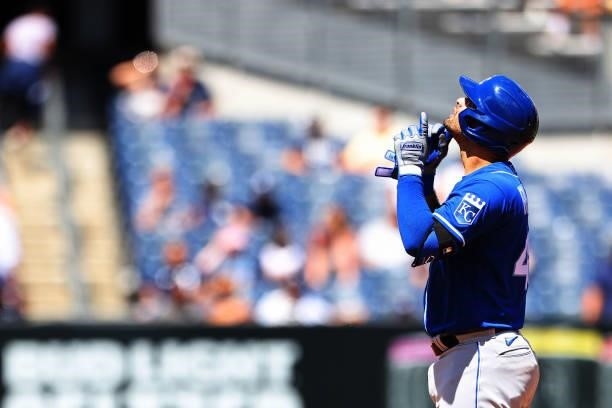 Sebastian Rivero of the Kansas City Royals gestures after he hit an RBI double against the New York Yankees during the fifth inning of a game at...
