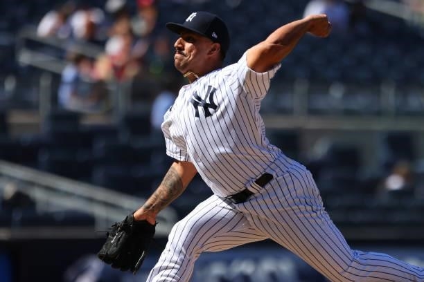 Nestor Cortes of the New York Yankees delivers a pitch against the Kansas City Royals during the ninth inning of a game at Yankee Stadium on June 24,...