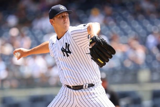 Pitcher Jameson Taillon of the New York Yankees delivers a pitch against the Kansas City Royals during the first inning of a game at Yankee Stadium...