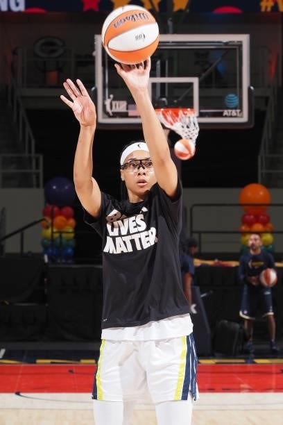 Allisha Gray of the Dallas Wings shoots the ball before the game against the Indiana Fever on June 24, 2021 at Indiana Farmers Coliseum in...
