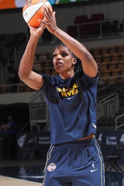 Teaira McCowan of the Indiana Fever shoots the ball before the game against the Dallas Wings on June 24, 2021 at Indiana Farmers Coliseum in...