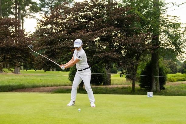 Sei Young Kim of the Republic of Korea hits her tee shot on the 16th hole during the first round for the 2021 KPMG Women's Championship at the...