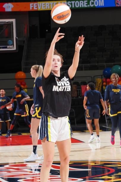 Marina Mabrey of the Dallas Wings shoots the ball before the game against the Indiana Fever on June 24, 2021 at Indiana Farmers Coliseum in...