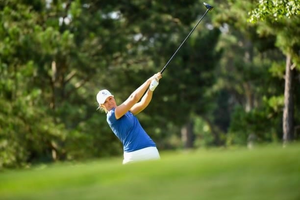Anna Nordqvist of Sweden hits out of the fairway on the eighth hole during the first round for the 2021 KPMG Women's Championship at the Atlanta...