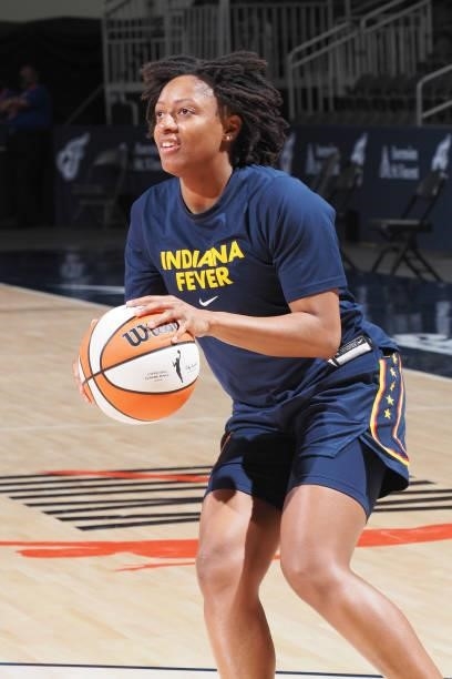 Kelsey Mitchell of the Indiana Fever handles the ball before the game against the Dallas Wings on June 24, 2021 at Indiana Farmers Coliseum in...