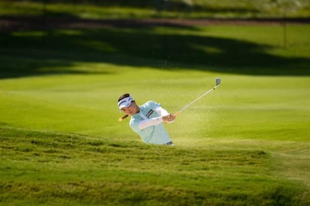 So Yeon Ryu of the Republic of Korea hits out of a bunker on the eighth hole during the first round for the 2021 KPMG Women's Championship at the...