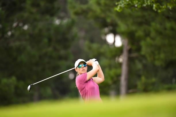 Professional, Joanna Coe hits her tee shot on the hole during the first round for the 2021 KPMG Women's Championship at the Atlanta Athletic Club on...