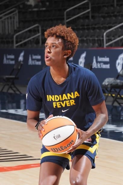 Danielle Robinson of the Indiana Fever looks to shoot the ball before the game against the Dallas Wings on June 24, 2021 at Indiana Farmers Coliseum...