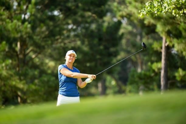 Anna Nordqvist of Sweden hits out of the fairway on the eighth hole during the first round for the 2021 KPMG Women's Championship at the Atlanta...