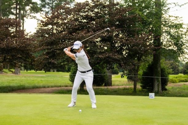 Sei Young Kim of the Republic of Korea hits her tee shot on the 16th hole during the first round for the 2021 KPMG Women's Championship at the...