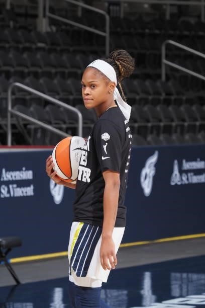 Moriah Jefferson of the Dallas Wings looks on before the game against the Indiana Fever on June 24, 2021 at Indiana Farmers Coliseum in Indianapolis,...