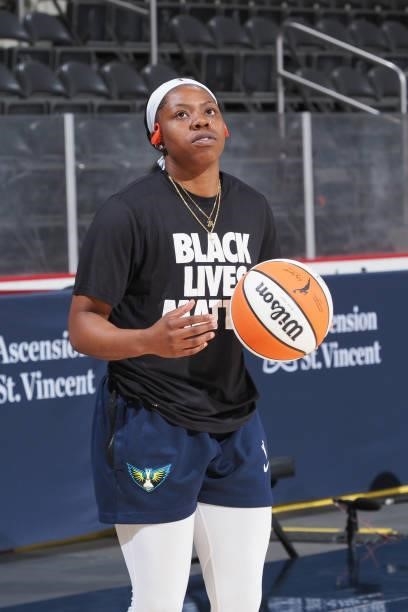 Arike Ogunbowale of the Dallas Wings handles the ball before the game against the Indiana Fever on June 24, 2021 at Indiana Farmers Coliseum in...