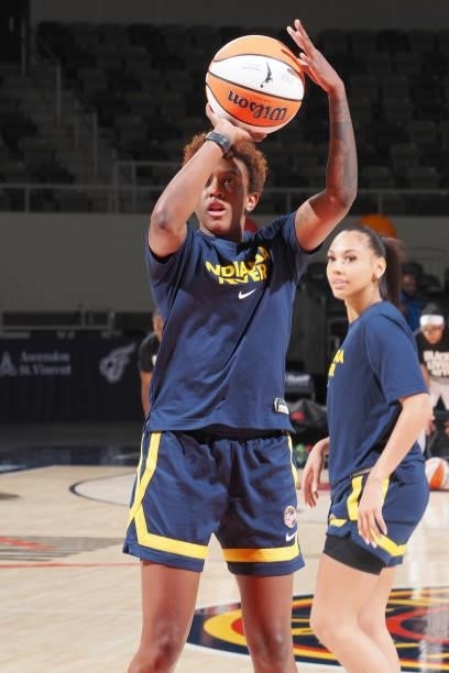Danielle Robinson of the Indiana Fever shoots the ball before the game against the Dallas Wings on June 24, 2021 at Indiana Farmers Coliseum in...