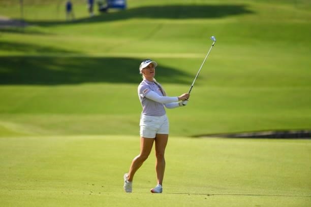 Charley Hull of England hits out of the fairway on the eighth hole during the first round for the 2021 KPMG Women's Championship at the Atlanta...