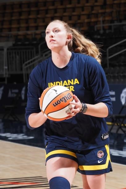 Lauren Cox of the Indiana Fever handles the ball before the game against the Dallas Wings on June 24, 2021 at Indiana Farmers Coliseum in...