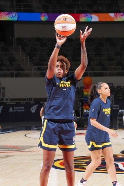 Danielle Robinson of the Indiana Fever shoots the ball before the game against the Dallas Wings on June 24, 2021 at Indiana Farmers Coliseum in...