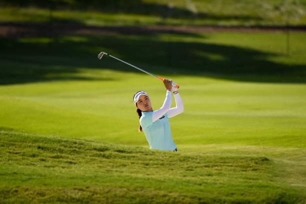 So Yeon Ryu of the Republic of Korea hits out of a bunker on the eighth hole during the first round for the 2021 KPMG Women's Championship at the...