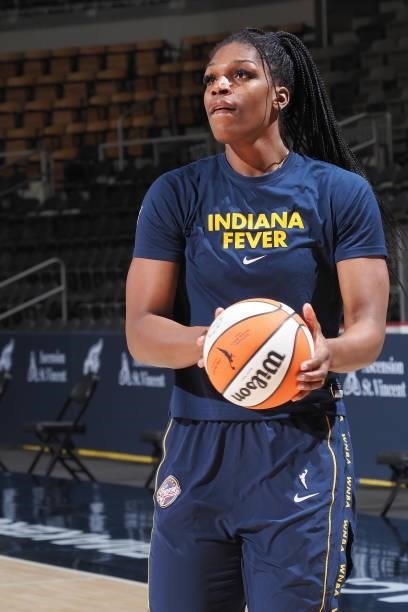 Teaira McCowan of the Indiana Fever handles the ball before the game against the Dallas Wings on June 24, 2021 at Indiana Farmers Coliseum in...