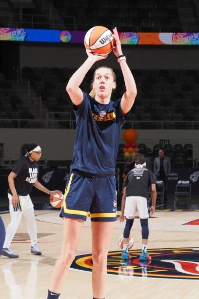 Bernadett Hatar of the Indiana Fever shoots the ball before the game against the Dallas Wings on June 24, 2021 at Indiana Farmers Coliseum in...