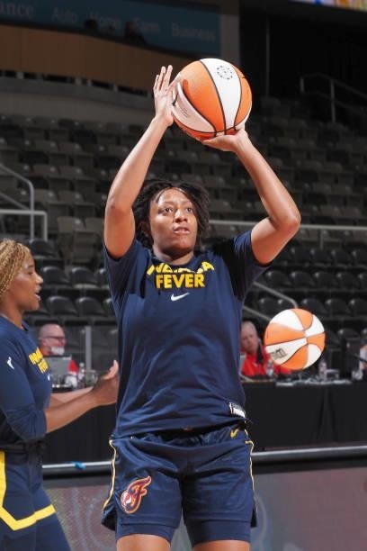 Kelsey Mitchell of the Indiana Fever shoots the ball before the game against the Dallas Wings on June 24, 2021 at Indiana Farmers Coliseum in...