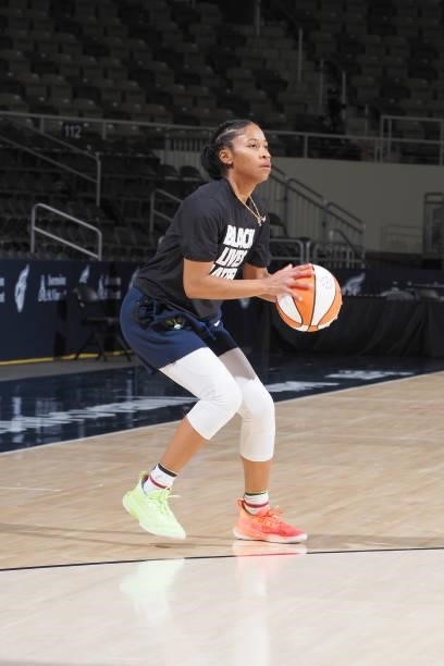Tyasha Harris of the Dallas Wings looks to shoot the ball before the game against the Indiana Fever on June 24, 2021 at Indiana Farmers Coliseum in...