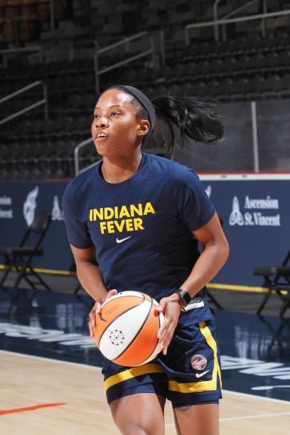 Lindsay Allen of the Indiana Fever handles the ball before the game against the Dallas Wings on June 24, 2021 at Indiana Farmers Coliseum in...