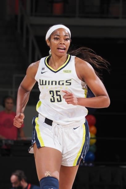 Charli Collier of the Dallas Wings runs down the court against the Indiana Fever on June 24, 2021 at Indiana Farmers Coliseum in Indianapolis,...
