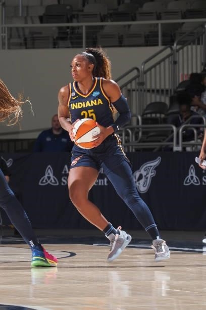 Tiffany Mitchell of the Indiana Fever handles the ball against the Dallas Wings on June 24, 2021 at Indiana Farmers Coliseum in Indianapolis,...